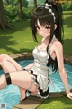 A woman in a maid outfit sitting on the edge of a pool.