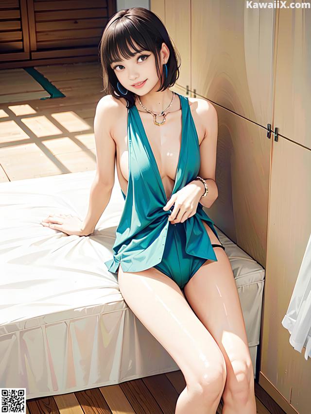 A woman in a blue bathing suit sitting on a bed.